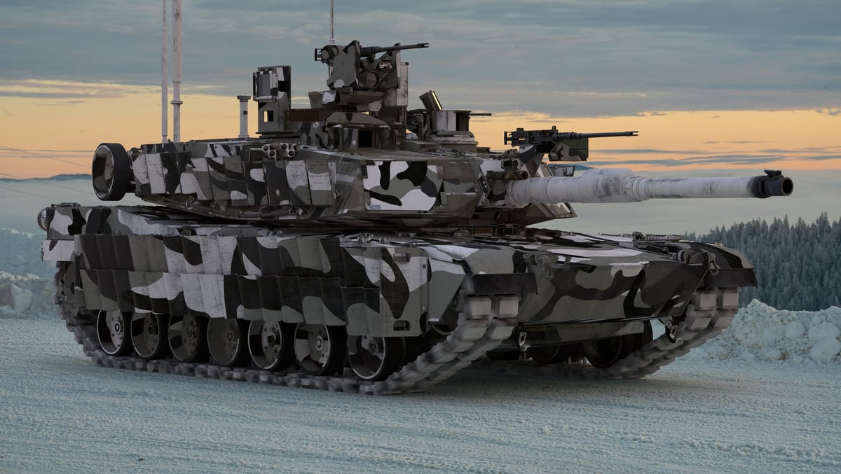 M1A2 Abrams tank in winter camouflage